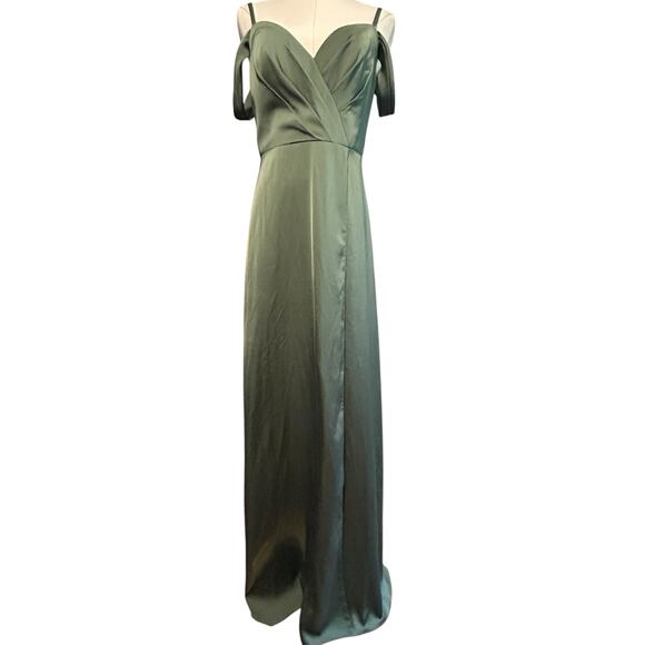 Azazie Formal Maxi Dress SZ A4 Sage Pleated Stretch Satin Baby Doll Wedding - Picture 2 of 8
